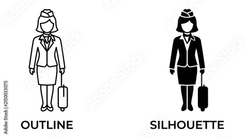 Cabin Crew Icon Set: A set of professional cabin crew icons, presented in both outline and silhouette styles, with a suitcase by their side, ready for travel.