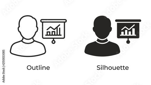 Presentation Icon Set: A graphic illustration featuring two icons of a person next to a presentation board, one as an outline and the other as a silhouette, representing presentation or training.