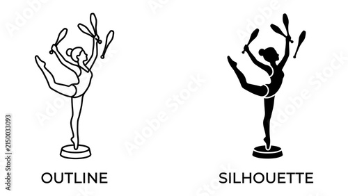Gymnast with Clubs Outline and Silhouette: A female gymnast performs a graceful pose, holding juggling clubs in an artistic representation shown in both outline and silhouette forms.