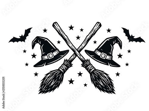 Decorative black halloween witch hats and crossed broomsticks illustration isolated on transparent background