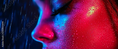 Close-up of a vibrant face with colorful makeup and water droplets