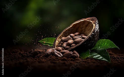 Coffee beans in cocoa pod on ground