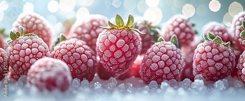 Frozen raspberries closeup, ice background, winter food