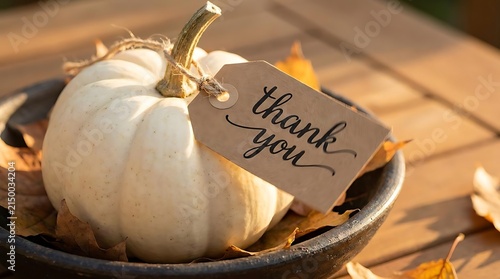 White pumpkin with thank you tag and autumn leaves