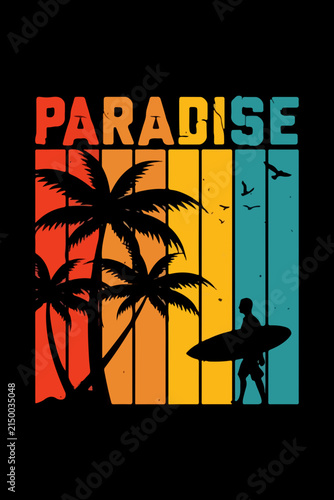 Paradise Retro Sunset Palm Trees and Surfer Silhouette Art
