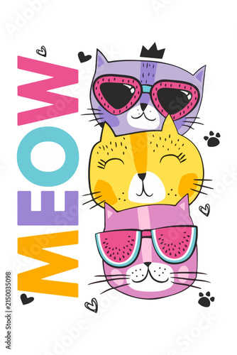 Meow Stack of Cute Cats with Sunglasses and Watermelon Theme Art
