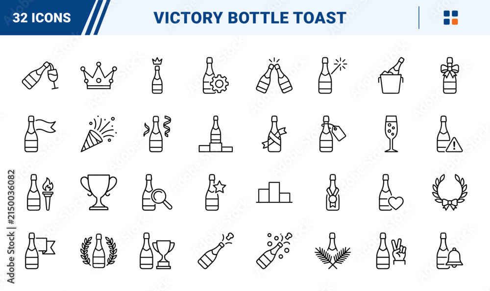 Fototapeta premium Champagne Bottle Victory Celebration Web Icon Set in Linear Style. Collection of Celebration Toast line icons, including champagne bottle, spray foam, trophy cup, winner podium, medal ribbon and more.
