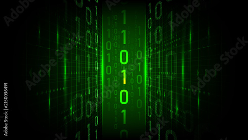 Digital technology background with binary code, glowing green data stream, futuristic interface, cyber network, and circular virtual platform with copy space