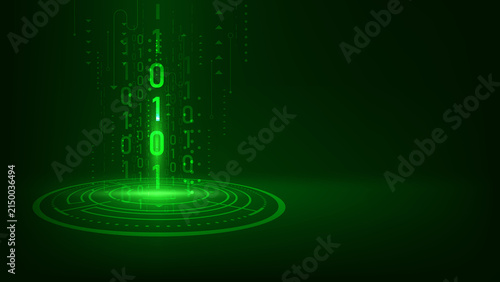Digital technology background with binary code, glowing green data stream, futuristic interface, cyber network, and circular virtual platform with copy space