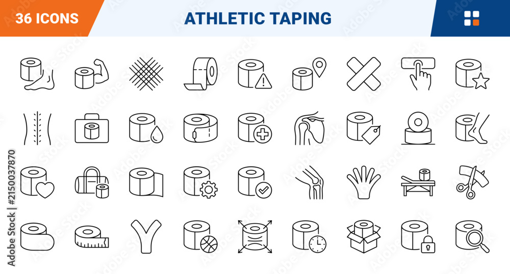 Fototapeta premium Kinesiology Taping Web Icon Set in Linear Style. Collection of Athletic Taping line icons, including tape roll, precut strip, shoulder taping, knee application, scissor cut, sports care and more.