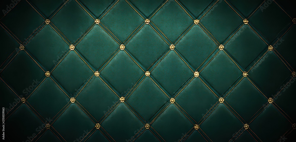 Naklejka premium Luxurious deep teal quilted upholstery background with intricate thin gold diamond pattern and subtle texture evoking opulent elegance and rich detail ideal for premium design applications