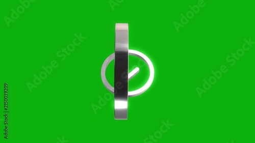 Three dimensional silver check mark sign rotating on green screen background for motion graphics and editing.