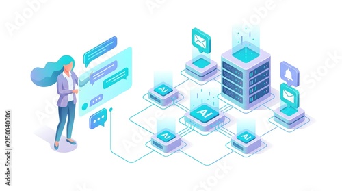 Artificial intelligence and chatbot isometric vector illustration with woman interacting with AI network and server