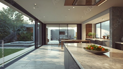 Spacious Modern Kitchen with Marble Island and Sliding Glass Doors to Patio