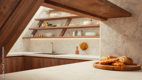 Modern Kitchen Interior with Wooden Open Shelving and LED Lighting