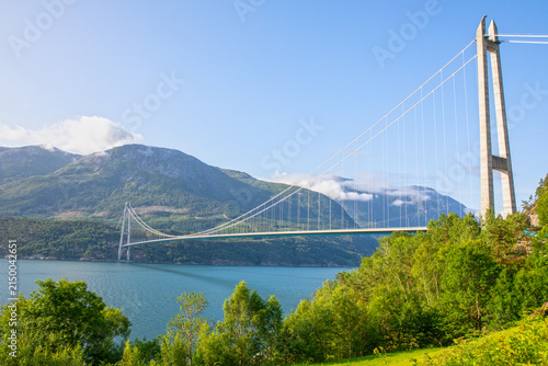 Hardanger Bridge Crossing Eidfjord in Vestland, Norway on a Sunny Summer Day