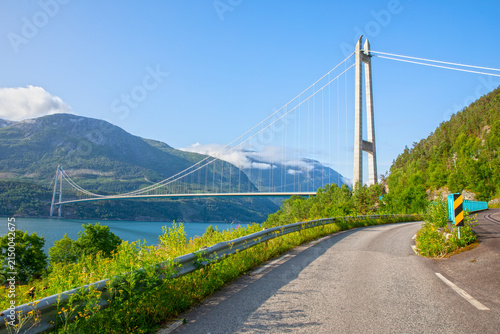 Hardanger Bridge Crossing Eidfjord in Vestland, Norway on a Sunny Summer Day