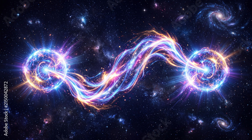 Cosmic abstract portrayal of swirling energy and vibrant celestial elements in a starry background