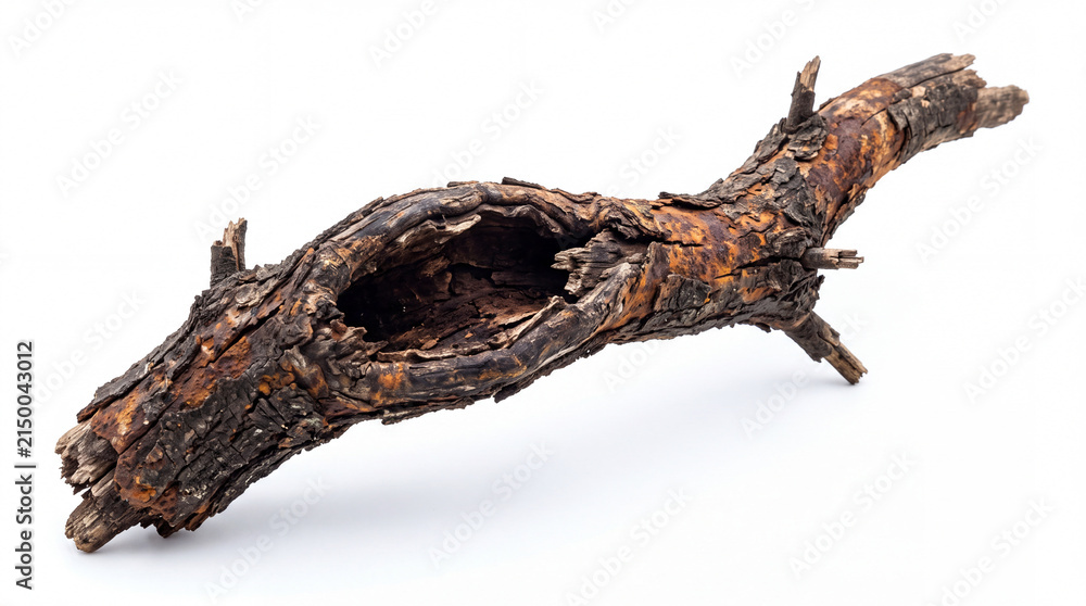 Fototapeta premium Rusted tree branch with hollow center, showcasing intricate textures and organic shapes against a clean background