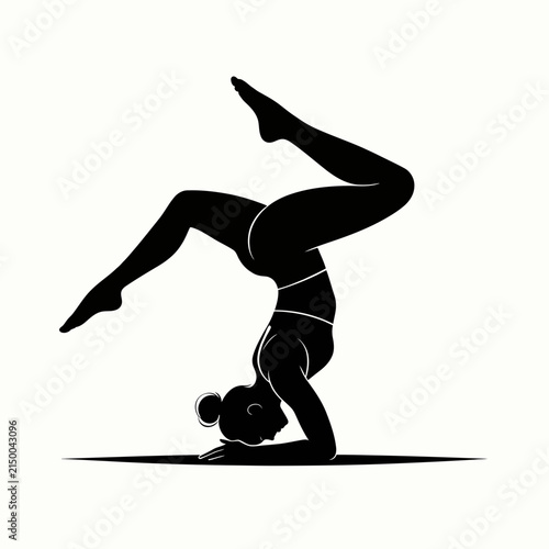Woman performing handstand yoga pose black silhouette on white background