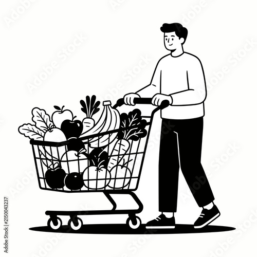 Man Pushing Shopping Cart Filled With Groceries Black And White Vector
