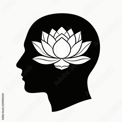 Lotus Flower Within Human Head Silhouette Black And White Graphic