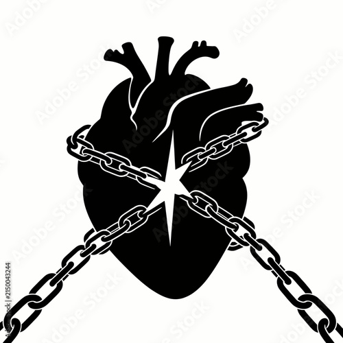 Black Silhouette Of Heart Breaking Through Chains On White Background