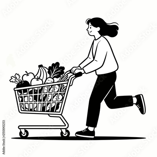 Woman Pushing Shopping Cart Filled With Produce Black And White