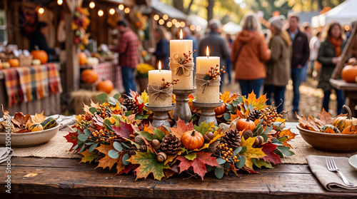 A beautifully arranged autumn centerpiece featuring candles surrounded by colorful maple leaves, pumpkins, and pinecones at a festive market