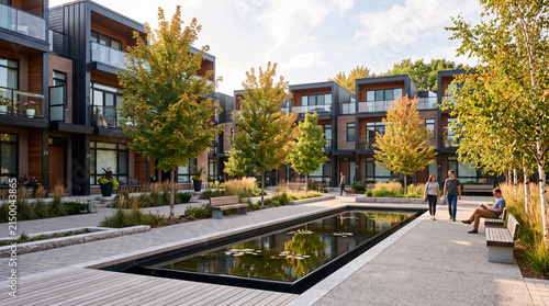 Modern town square with contemporary architecture, featuring a serene pond surrounded by trees and people enjoying the outdoors