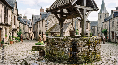 A historic stone well surrounded by cobblestone streets and rustic buildings in a quaint village