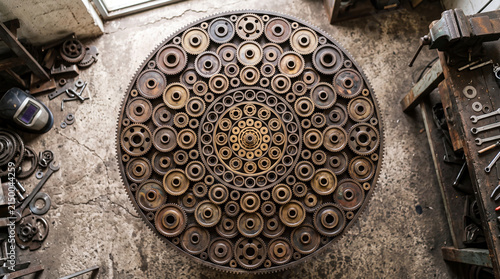 Intricate circular pattern of recycled metal gears displayed on a table in a workshop with natural light