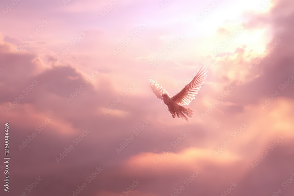 Fototapeta premium Majestic Bird Soaring Through Soft Pastel Clouds Under Golden Sunlight