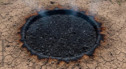 Dramatic high-angle shot of a burning, smoking circular pit of black charcoal and hot glowing embers with charred edges smoldering in the middle of a dry, cracked clay desert ground under bright harsh