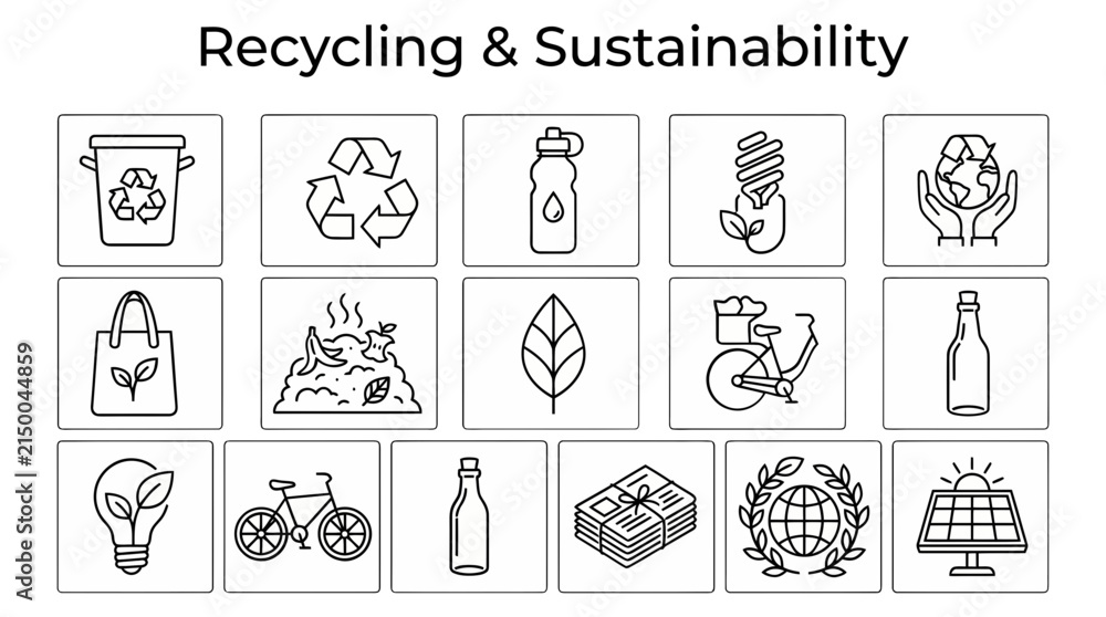 Fototapeta premium Grid of fifteen black and white line art icons depicting ecofriendly themes under the heading Recycling Sustainability