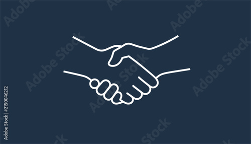 Minimalist handshake line art on a dark blue background, representing trust, commercial contract, and partnership.