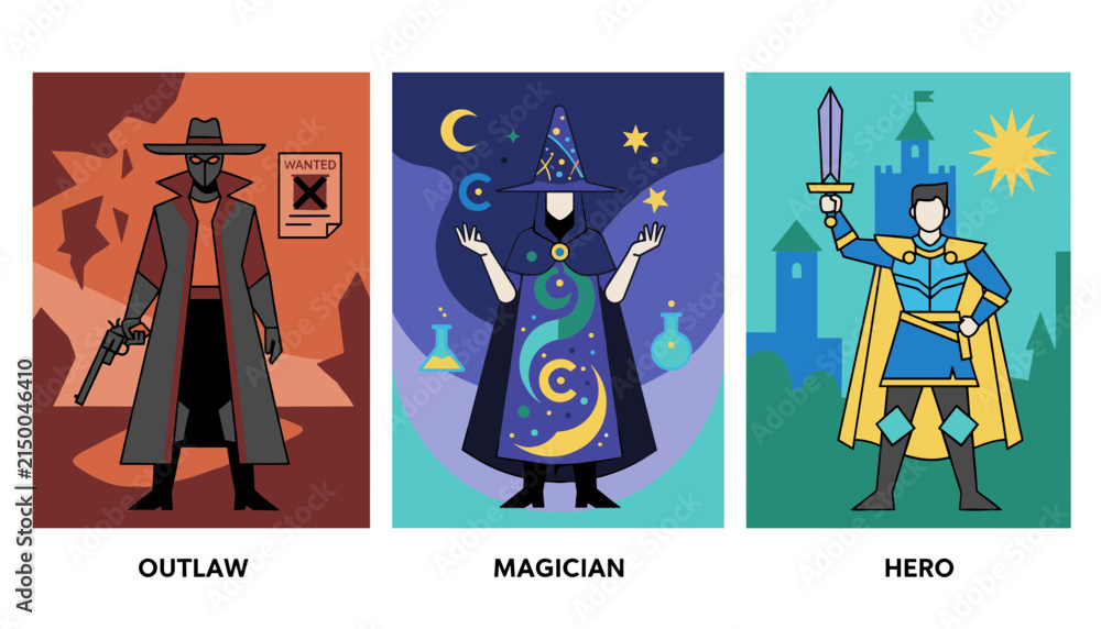 Fototapeta premium Character design cards detailing archetypes of a western outlaw, magical sorcerer, and medieval royal hero.