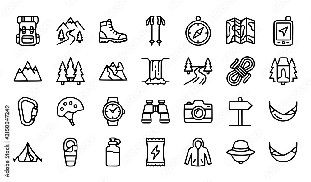 Fototapeta premium Hiking and backpacking adventure outline icon collection featuring mountain trails camping equipment navigation gear climbing and wilderness travel