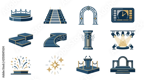 Set of Elegant Stage Event Icons Featuring Platforms Podiums Arches and Lighting Equipment for Professional Conference Presentations