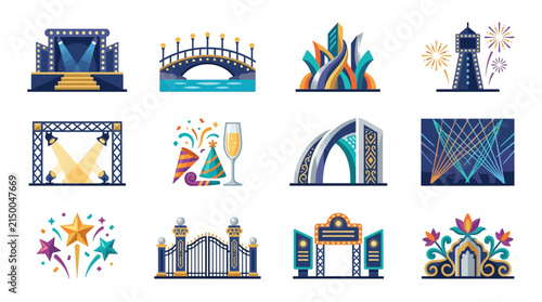 Set of Colorful Celebration and Event Venue Flat Vector Icons Featuring Stages Fireworks Archways and Festive Decor Elements for Graphic Design