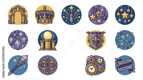 Collection of whimsical fantasy and magic themed circular icons featuring crowns, wands, stars, fireworks, and vintage clockwork elements for festive designs