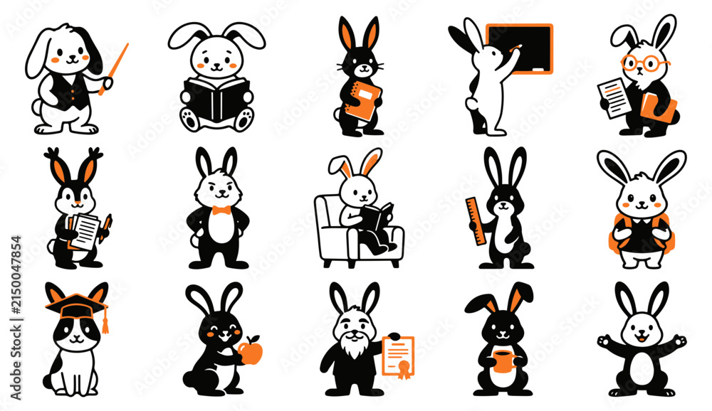 Obraz premium Cute Rabbit Teacher and Student Vector Illustration Set