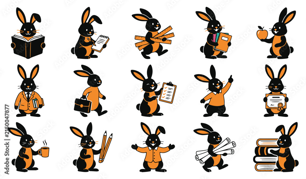 Obraz premium Set of Cute Rabbit Teacher Vector Illustrations
