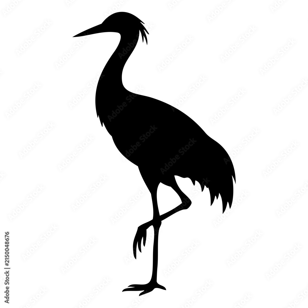 Fototapeta premium Icono con dibujo sencillo de la silueta de una grulla de pie sobre una pata, vista de perfil