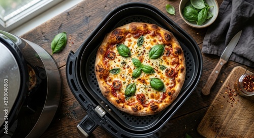 Air Fryer Cooking a Homemade Pizza with Fresh Basil