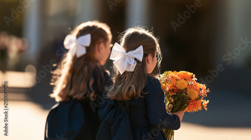 Two Young Girls with White Hair Bows Walking Together at Sunset with Flowers