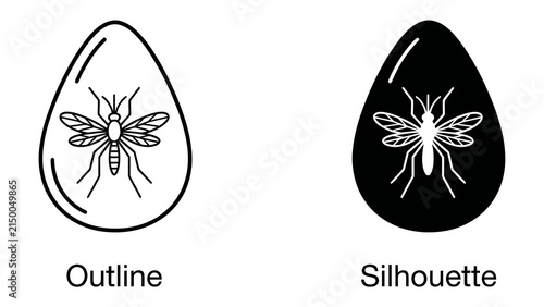 Mosquito Icon Set: A graphic representation featuring two stylized icons of a mosquito, presented in both outline and silhouette form, symbolizing insect control and vector-borne disease awareness.