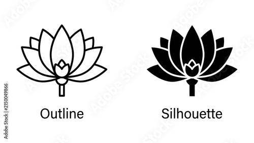 Lotus Flower Icon: A clear graphic representation of a lotus flower, presented in both an outline and a silhouette style, symbolizing purity and enlightenment.