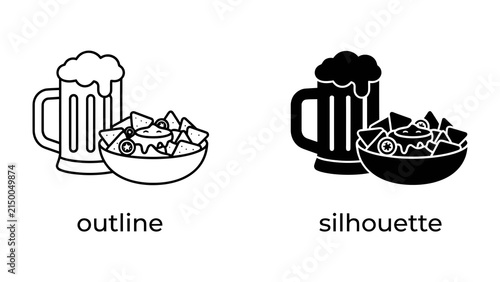 Beer and Nachos Icon Set: A graphic set featuring two icons of a beer mug with foam and a bowl of nachos, one in outline style and the other as a silhouette.