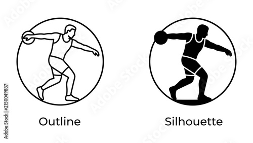 Discus Thrower: A stylized representation of an athlete in the dynamic motion of throwing a discus, presented in both outline and silhouette forms, symbolizing athletic prowess and classic sport.